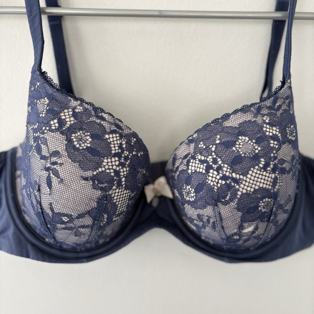 Victoria's Secret Body by Victoria 36C Lined Demi Bra Blue White Lace Underwire